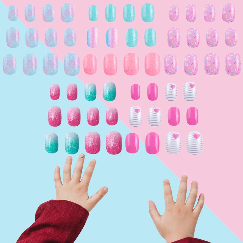 SIUSIO 120 Pcs 5 Pack Children Acrylic Fake Nails Press on Pre-glue Full Cover Glitter Gradient Color Rainbow Short False Nail Art Kits Set for Kids Little Girls - Multicolor Gradient Series - Image 2